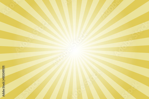 Yellow background with white sun ray. Pattern of starburst. Abstract dull yellow texture with light of sunburst. Radial beam of sunlight. Retro background with flash. Design of sunbeams.