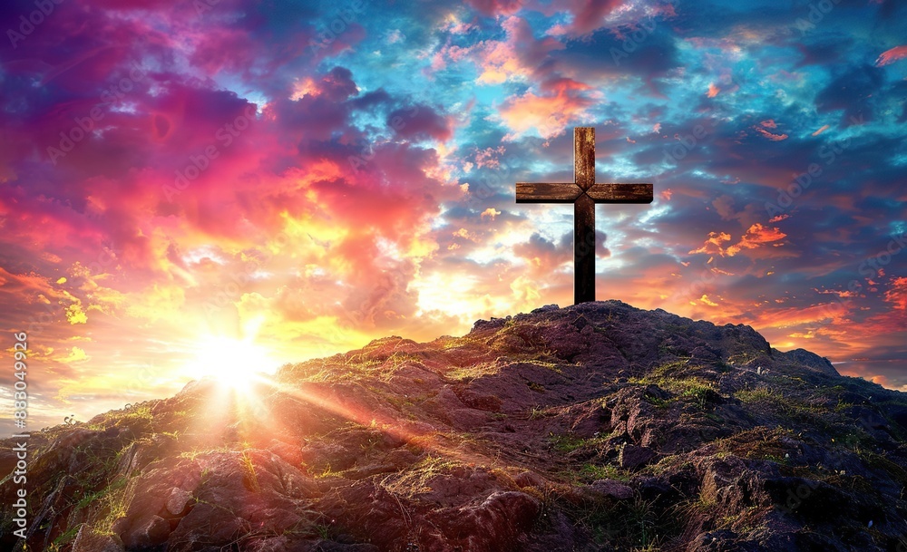 Fototapeta premium Sunset illuminates the cross on the hill casting a warm glow of hope