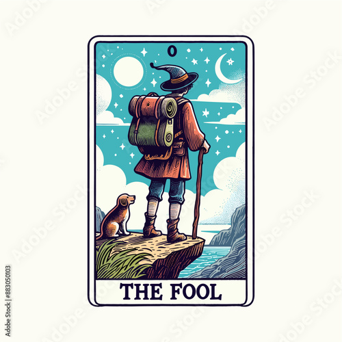 The Fool Tarot Card: Hand-Drawn and Engraved Design