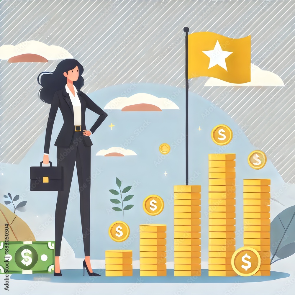 An illustrative image showcasing a confident businesswoman standing next to ascending stacks of gold coins with a flag symbolizing achievement An illustrative image showcasing a confident businesswoman standing next to ascending stacks of gold coins with a flag symbolizing achievement