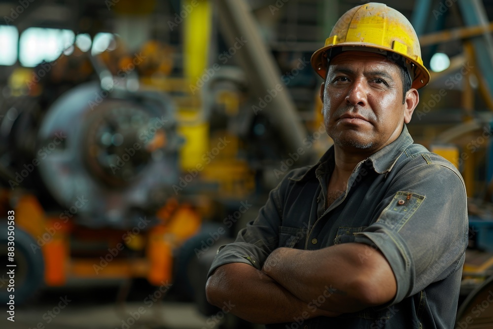 A Hispanic man in a factory wearing a blue shirt and yellow helmet poses with crossed arms and a serious look in an industrial setting A Hispanic man in a factory wearing a blue shirt and yellow helmet poses with crossed arms and a serious look in an industrial setting