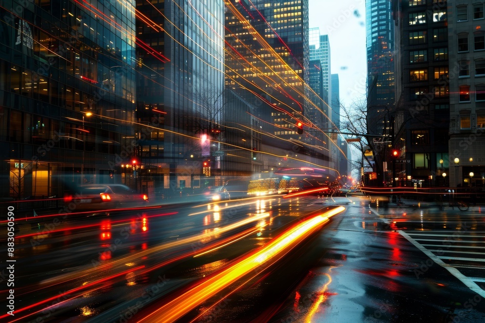 A busy city intersection at twilight, with streaks of light from passing vehicles illuminating the wet asphalt. Tall buildings line the street, reflecting the glow of city lights A busy city intersection at twilight, with streaks of light from passing vehicles illuminating the wet asphalt. Tall buildings line the street, reflecting the glow of city lights