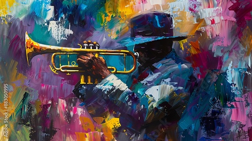 Energetic abstract art illustrates a musician with a trumpet in an explosion of colors, highlighting the intensity and liveliness of musical expression in the scene.