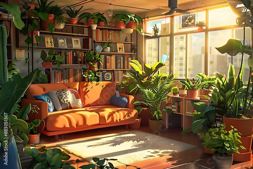 lofi living room with full of plants , anime style