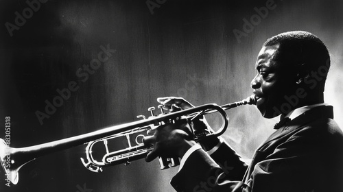 A classic portrait capturing a jazz musician playing the trumpet, showcasing the elegance and depth of jazz music in a timeless black and white photograph.