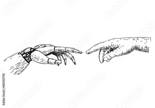 Robotic hand touching a human hand. Robot and Human hands touching with fingers. Concept of technology and artificial intelligence. Robotics. Technology. Hand Draw sketch illustration
