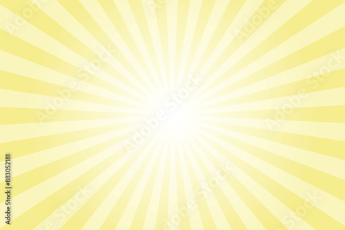 Yellow background with white sun ray. Pattern of starburst. Abstract flavescent yellow texture with light of sunburst. Radial beam of sunlight. Retro background with flash. Design of sunbeams.