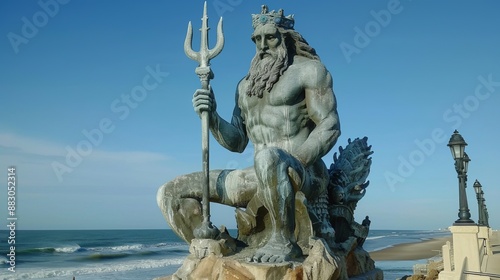 A gigantic bronze statue of Poseidon kneeling by the seaside, holding his iconic trident, showcasing his might and connection to the ocean in mythical representation.