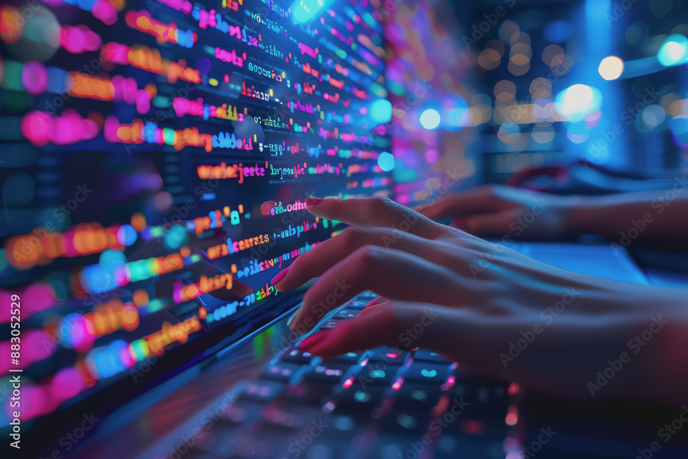 Programmer's hands on keyboard writing source code, screen showing code. Programmer's hands on keyboard writing source code, screen showing code.