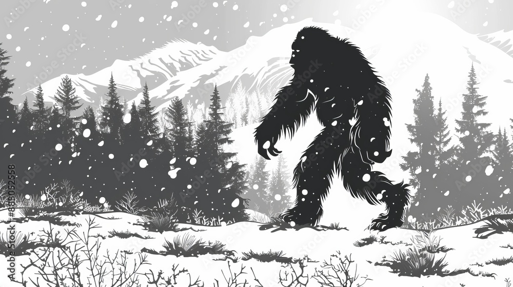 Fototapeta premium A majestic Yeti walking in a snowy forest during an ethereal snowfall, blending mystical and surreal elements, highlighting the wilderness and the mythical creature.