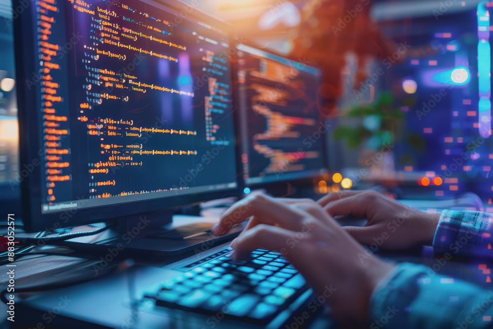 Programmer's hands on keyboard writing source code, screen showing code.