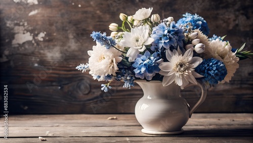 Wallpaper Mural Bouquet of blue and white flowers in jug on dark background Torontodigital.ca