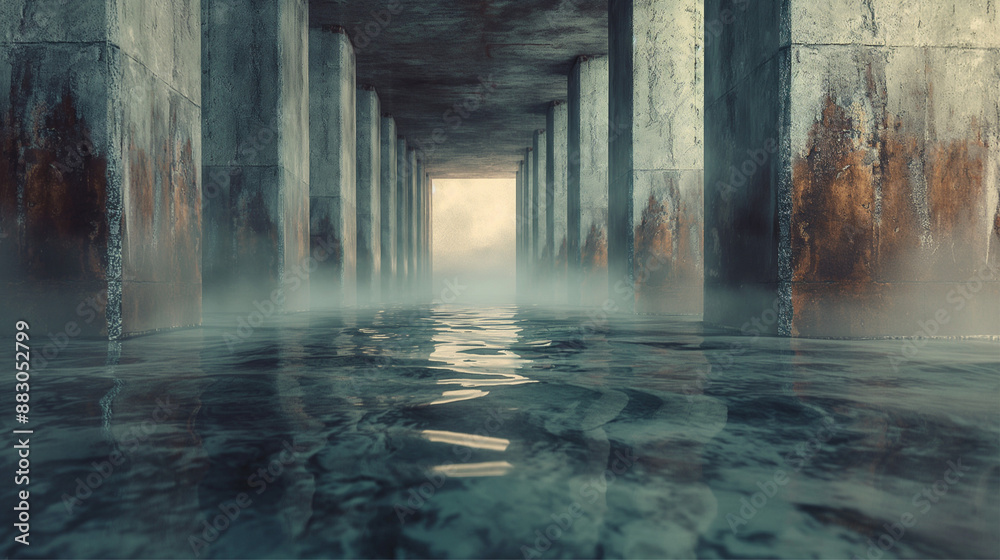Obraz premium Water flows gently under a foggy, aged concrete structure creating a serene and mysterious atmosphere.