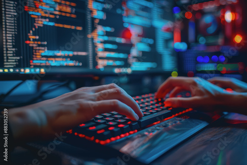 Programmer's hands on keyboard writing source code, screen showing code.