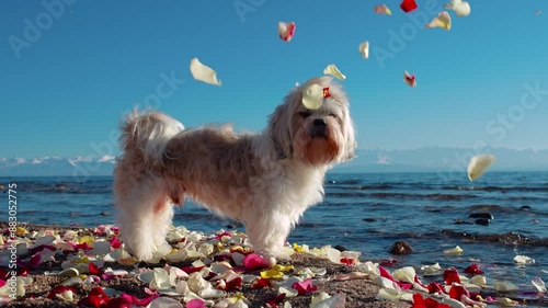 Shih Tzu dog standing on bank of mountain lake in falling rose petals, slow motion