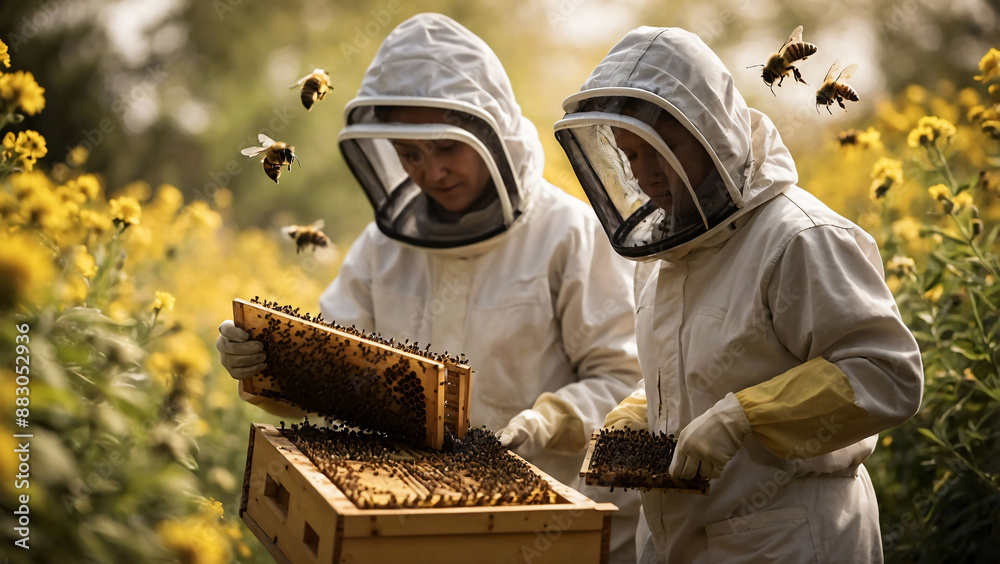 Beekeepers in protective bee suit working at apiary, holding honeycomb with swarm of bees flying above. Beehives in garde Beekeepers in protective bee suit working at apiary, holding honeycomb with swarm of bees flying above. Beehives in garde