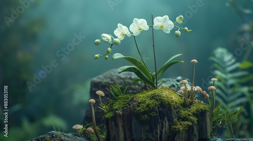 AI generator image of wild orchids usually occur naturally around large trees and old stumps photo