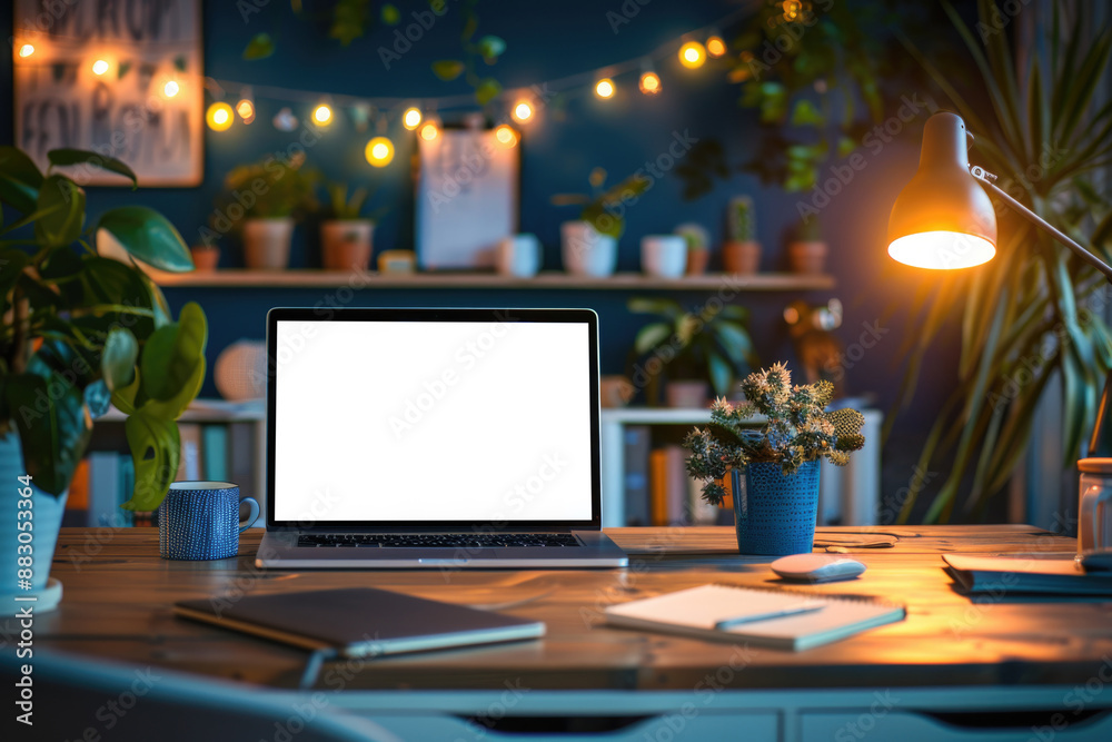 Laptop blank screen on table with coffee background, mockup, template for your text, ai generated