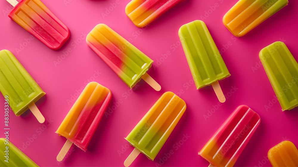 Brightly colored popsicles arranged on a vibrant pink background, capturing the essence of summer and freshness. Brightly colored popsicles arranged on a vibrant pink background, capturing the essence of summer and freshness.
