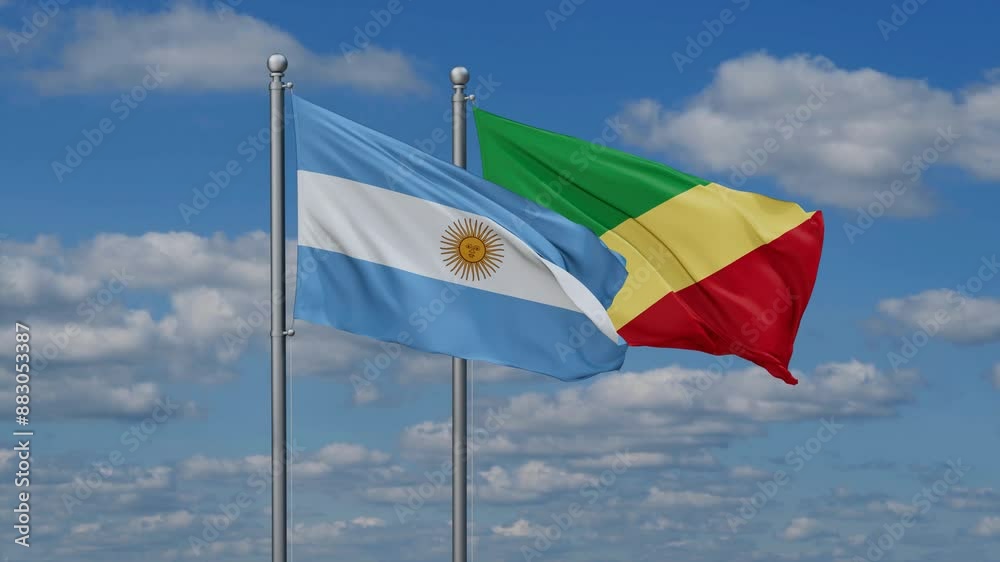 Republic of the Congo and Argentina flags flying together, video concept of the relationship, two country relations concept Republic of the Congo and Argentina flags flying together, video concept of the relationship, two country relations concept