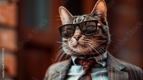 A sylish business striped cat wearing sunglasses and suit with a tie on sunny day indoors in his office. AI generative image.