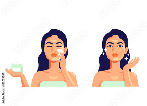 Skin care concept. A woman takes care of her face. Facial treatment. Before After. Beautiful woman portrait applying skin care toner and cream on her face