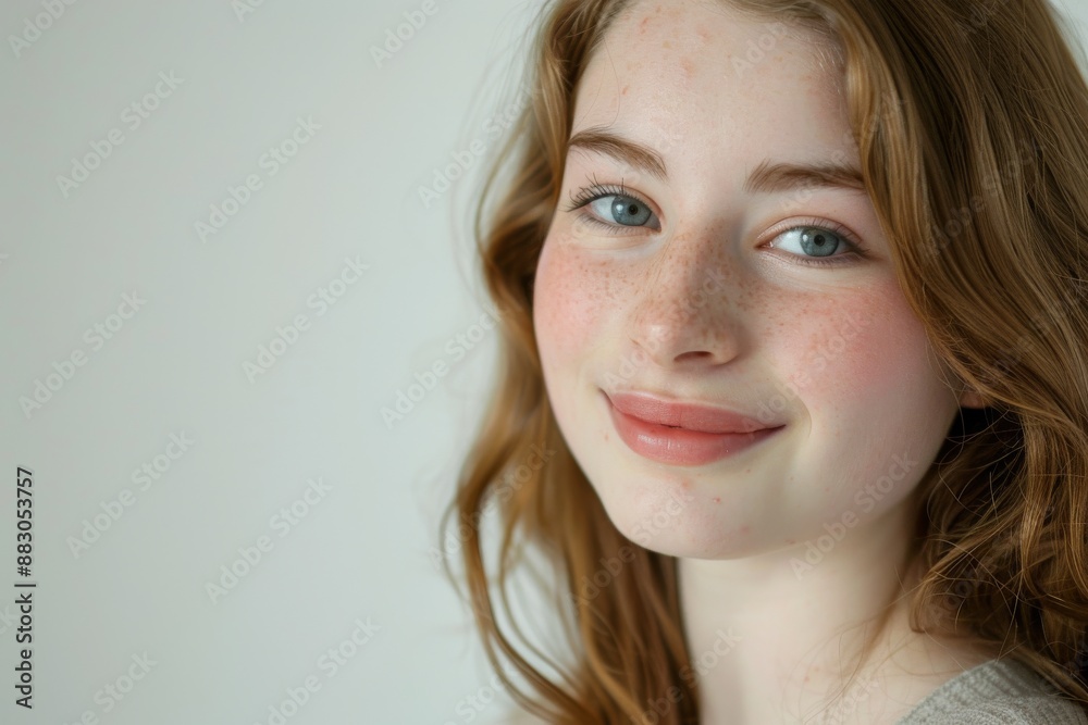 A young woman with long, wavy red hair smiles gently at the camera in a close-up portrait A young woman with long, wavy red hair smiles gently at the camera in a close-up portrait