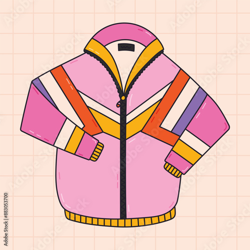 Cute groovy retro jacket with zipper from 80s and 90s with outline. Nostalgia for vintage and Y2k aesthetic, fashion. Hand drawn colorful doodle of sport jacket as badge of 1990s isolated on white.