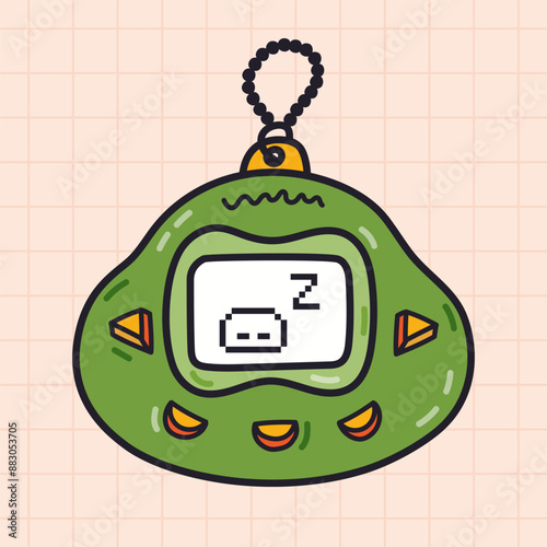 Groovy doodle of Tamagotchi toy from Y2k aesthetic. Retro kids Japanese electronic toy with feeding pet from 90s and 00s. Hand drawn portable pocket game with outline. Nostalgia for 1990s aesthetic.