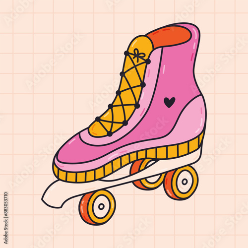 Cute groovy pink roller skates from fashion of 90s and 00s. Retro sport rollerblades as badge of Y2k. Nostalgia for vintage and 1990s aesthetic, vibes. Hand drawn isolated doodle with outline.