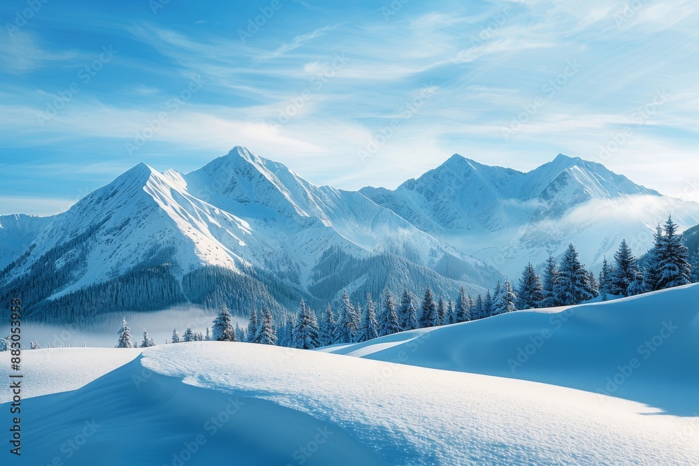 Obraz premium A serene winter scene showcasing snow-capped mountains bathed in the golden light of sunrise. The low camera angle emphasizes the majestic scale of the peaks and the surrounding forest
