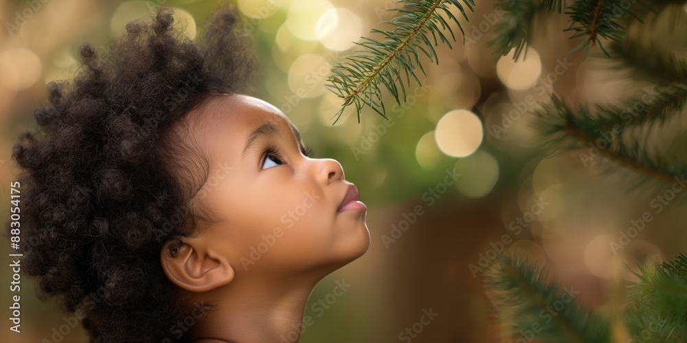 Fototapeta premium Black African American child standing indoors in winter near the Christmas tree without decorations looking up with hope making wish profile portrait for New year poster or banner