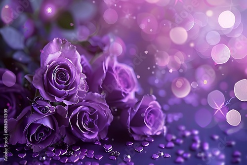 purple roses and purple hearts on purple background with bokeh lights, love wallpaper, purple flowers, purple valentine's day design, purple rose background