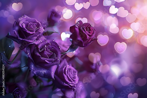 purple roses and purple hearts on purple background with bokeh lights, love wallpaper, purple flowers, purple valentine's day design, purple rose background