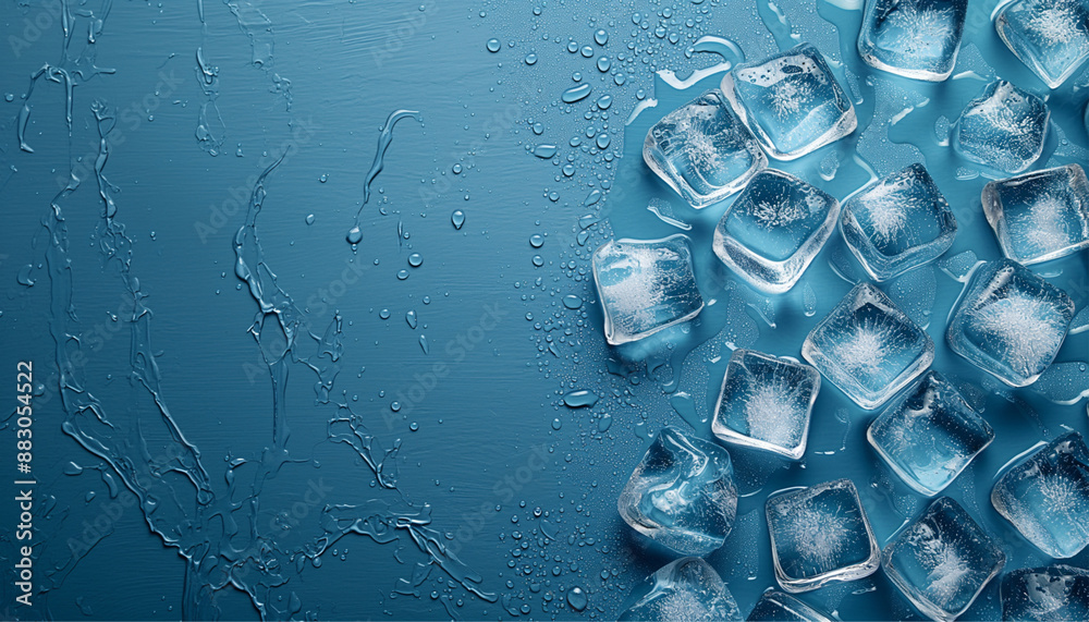 Ice cubes gradually melting on a blue textured background, with water droplets adding to the cool and fresh ambiance. Ice cubes gradually melting on a blue textured background, with water droplets adding to the cool and fresh ambiance.