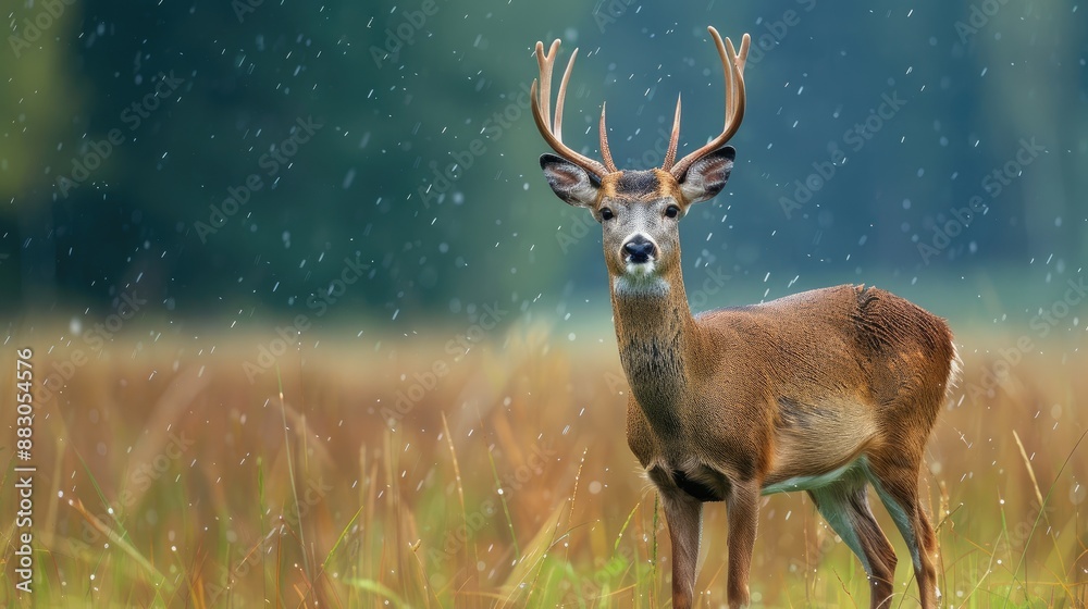 Fototapeta premium Roebuck standing in rainy summer field with antlers gazing at the camera on grassland