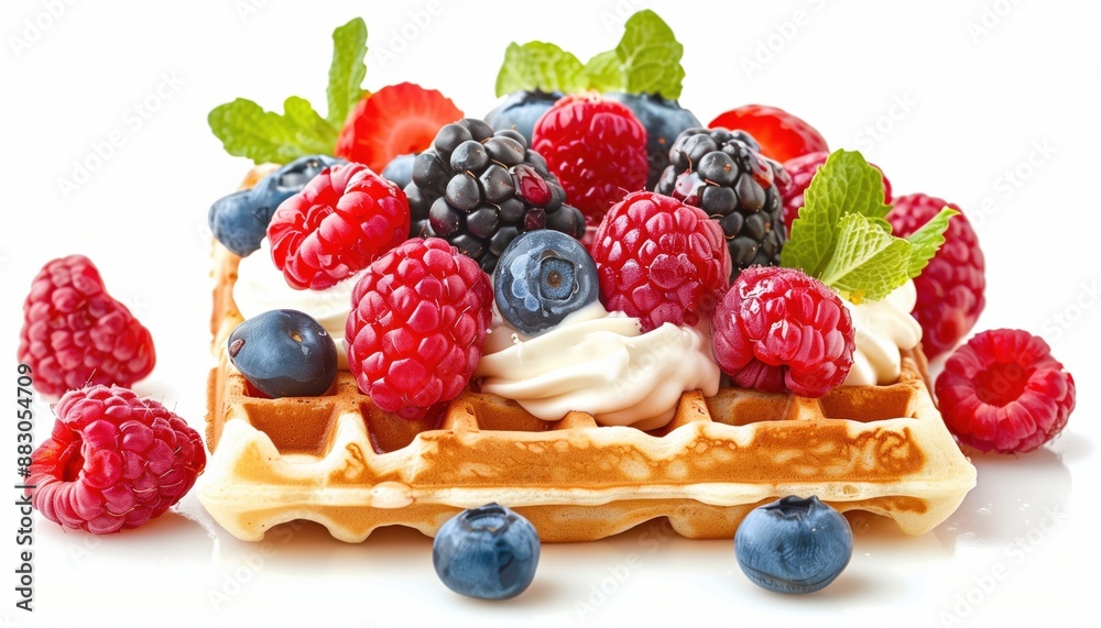 Waffle Topped with Fresh Berries and Cream
Delicious waffle topped with a mix of fresh raspberries, blueberries, blackberries, and whipped cream, garnished with mint leaves.
Waffle Topped with Fresh Berries and Cream
Delicious waffle topped with a mix of fresh raspberries, blueberries, blackberries, and whipped cream, garnished with mint leaves.