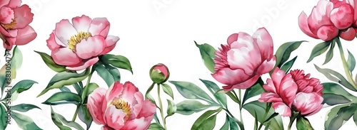 watercolor peonies flowers and green leaves on white background for textile pattern --ar 2:1 Job ID: f0b48ae6-3f21-4f01-bd2d-b2916296401f