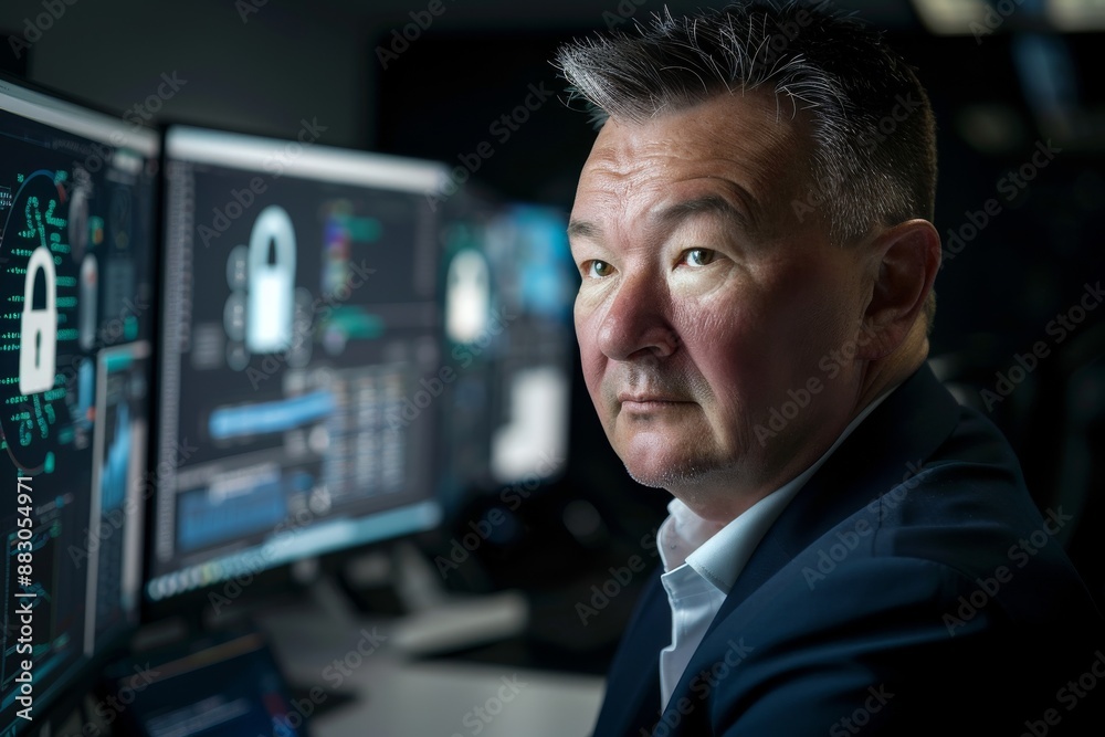 A businessman sits at his desk in a sleek office, intently observing data displayed on multiple computer screens. He appears focused and determined, suggesting a critical task or analysis A businessman sits at his desk in a sleek office, intently observing data displayed on multiple computer screens. He appears focused and determined, suggesting a critical task or analysis