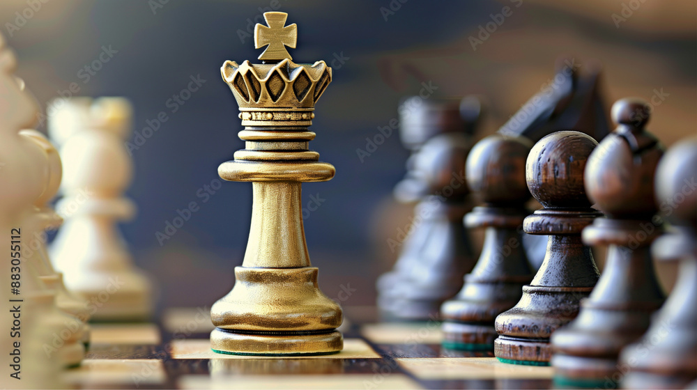 A striking chessboard setup with a golden queen and other pieces, representing strategy and intelligence. A striking chessboard setup with a golden queen and other pieces, representing strategy and intelligence.
