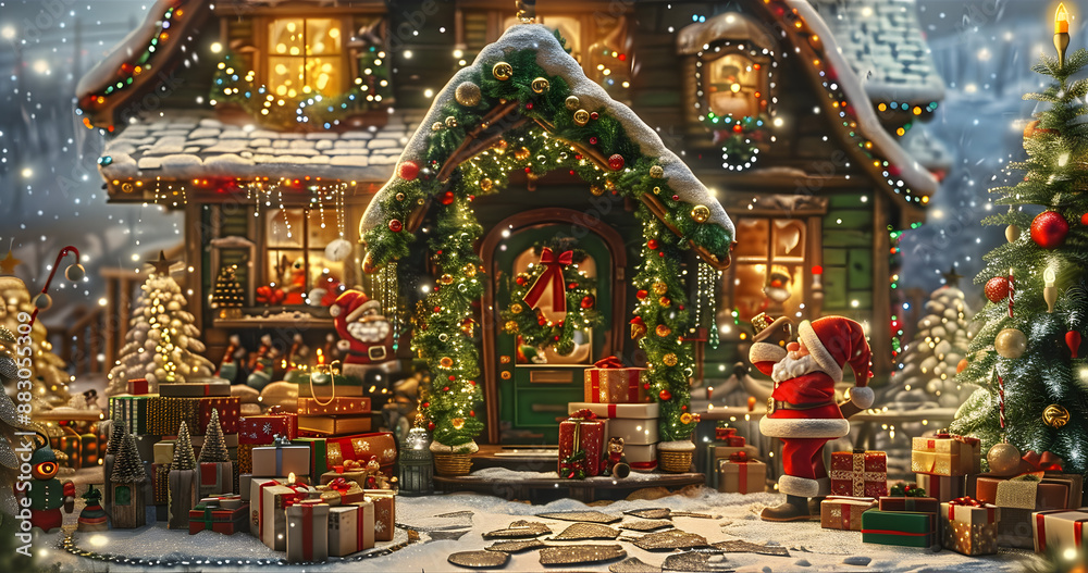 Fototapeta premium Design a whimsical Christmas background with Santas workshop, bustling with elves preparing toys for delivery.