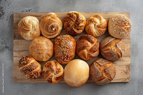 A selection of freshly baked bread rolls arranged on a wooden cutting board