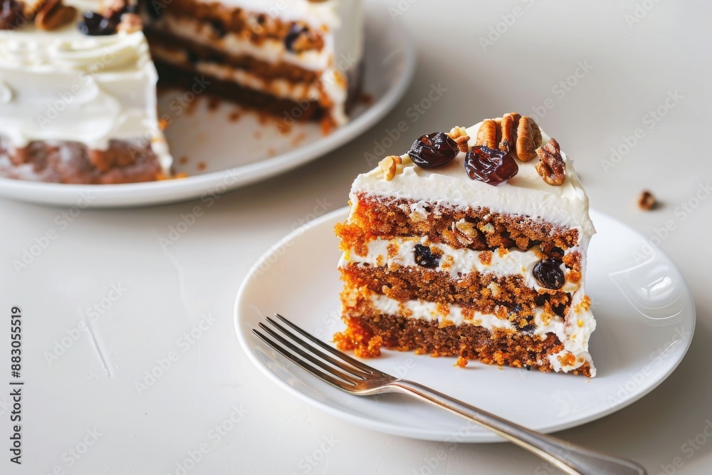 slice of carrot cake with walnuts, prunes and dried apricots on ceramic plate with fork, white background, slice of carrot cake with walnuts, prunes and dried apricots on ceramic plate with fork, white background,