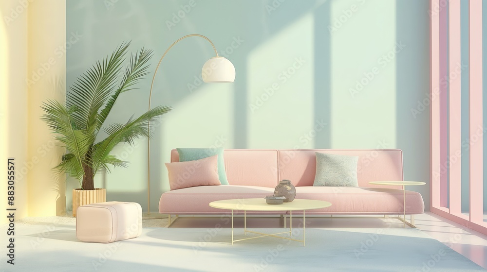 Light spacios modern minimalistic living room with sofa or couch and potted flowers in pastel colors on sunny day with rays of sun from window with curtains on walls bed or sofa with decorative lamps Light spacios modern minimalistic living room with sofa or couch and potted flowers in pastel colors on sunny day with rays of sun from window with curtains on walls bed or sofa with decorative lamps