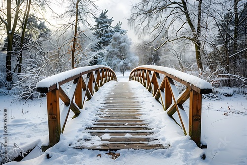 Fototapeta Naklejka Na Ścianę i Meble -  Snowy, wooden bridge in a winter day. Stare Juchy, Poland