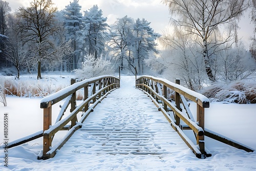 Fototapeta Naklejka Na Ścianę i Meble -  Snowy, wooden bridge in a winter day. Stare Juchy, Poland