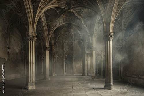 An empty Renaissance hall with a vaulted ceiling and columns, bathed in dramatic lighting with subtle smoke effects photo