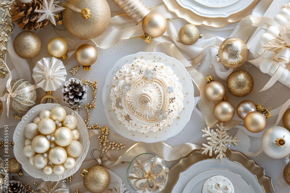 An overhead view of a Christmas dessert table with a white and gold theme. The table features a white cake with gold accents, white and gold ornaments, and other decorative elements An overhead view of a Christmas dessert table with a white and gold theme. The table features a white cake with gold accents, white and gold ornaments, and other decorative elements