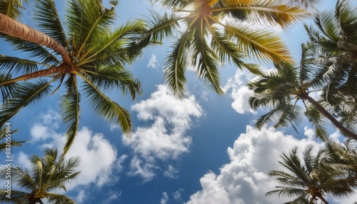 low-angle perspective showing the sky with clouds, a coconut palm