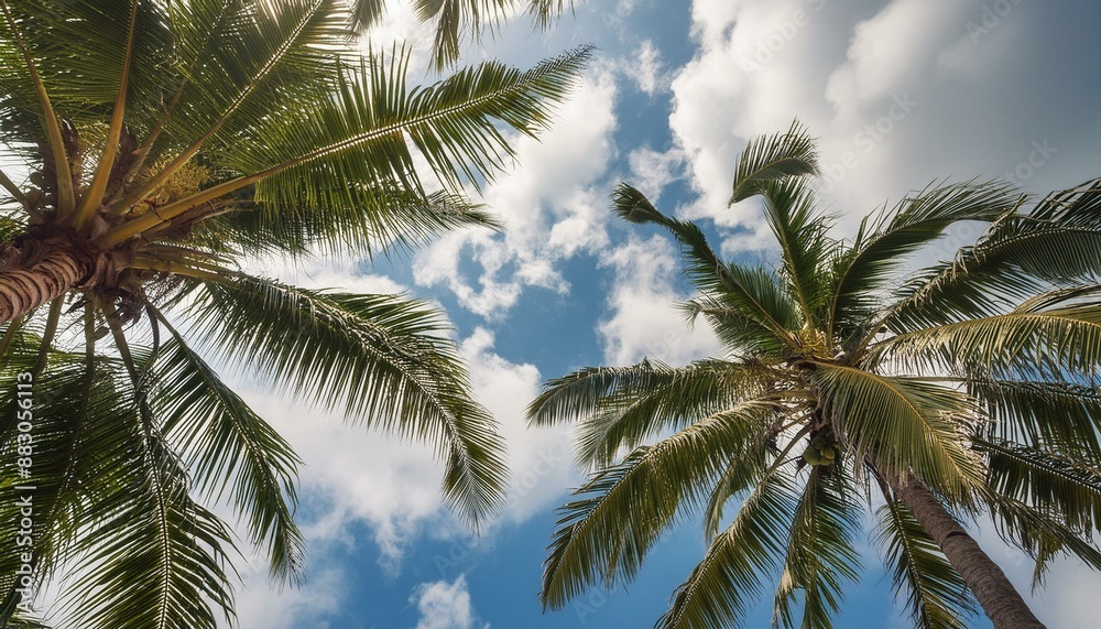 low-angle perspective showing the sky with clouds, a coconut palm low-angle perspective showing the sky with clouds, a coconut palm
